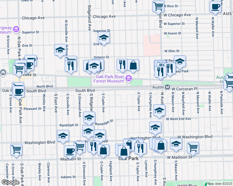 map of restaurants, bars, coffee shops, grocery stores, and more near 131 South Harvey Avenue in Oak Park