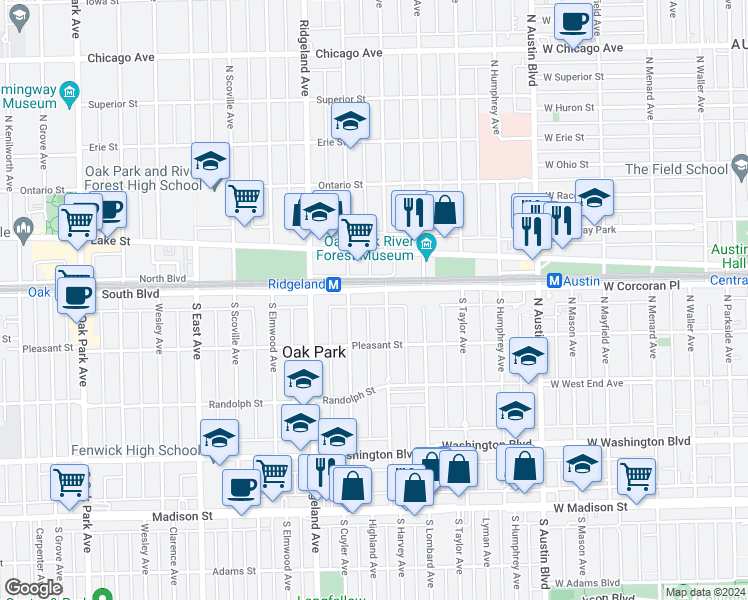 map of restaurants, bars, coffee shops, grocery stores, and more near 131 South Harvey Avenue in Oak Park
