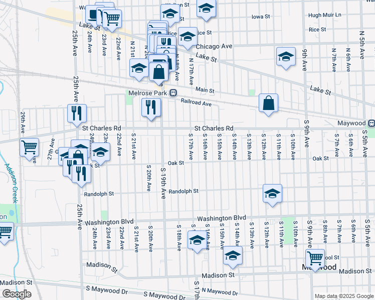 map of restaurants, bars, coffee shops, grocery stores, and more near 157 South 18th Avenue in Maywood