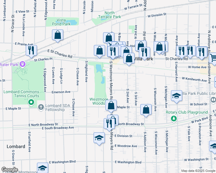 map of restaurants, bars, coffee shops, grocery stores, and more near 102 South Westmore-Meyers Road in Lombard