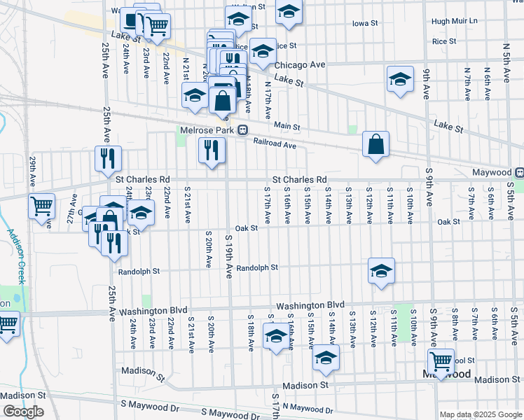 map of restaurants, bars, coffee shops, grocery stores, and more near 157 South 18th Avenue in Maywood