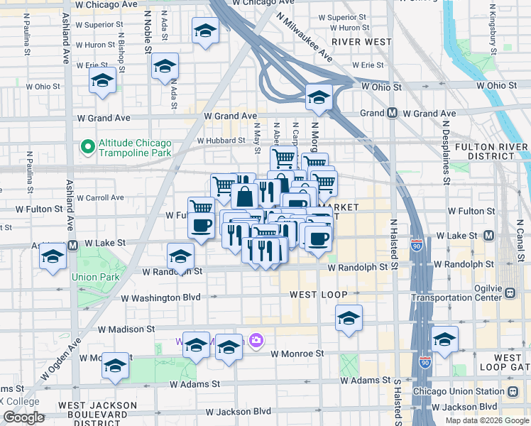 map of restaurants, bars, coffee shops, grocery stores, and more near 213 North May Street in Chicago