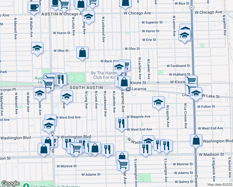 map of restaurants, bars, coffee shops, grocery stores, and more near 311 North Latrobe Avenue in Chicago