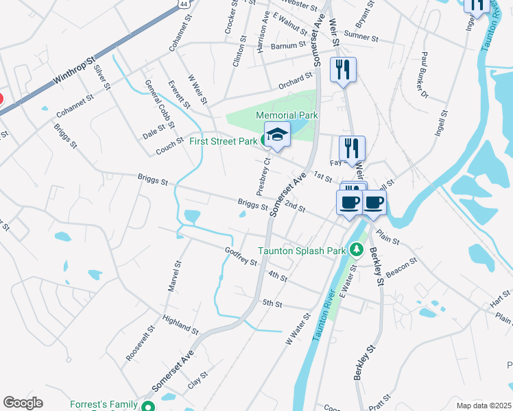 map of restaurants, bars, coffee shops, grocery stores, and more near 7 Briggs Street in Taunton