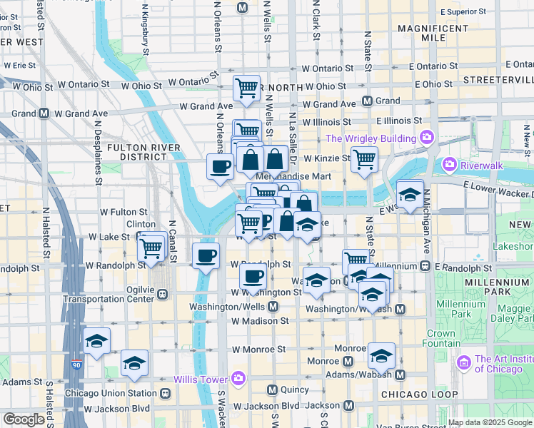 map of restaurants, bars, coffee shops, grocery stores, and more near 205 West Upper Wacker Drive in Chicago