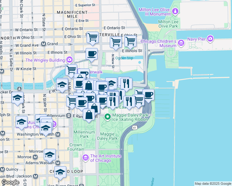 map of restaurants, bars, coffee shops, grocery stores, and more near 360 East South Water Street in Chicago