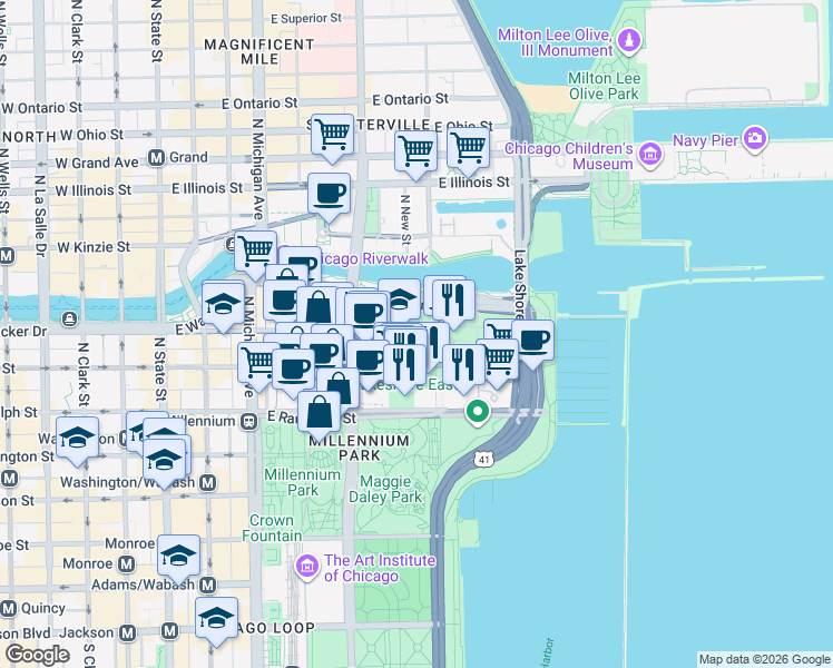 map of restaurants, bars, coffee shops, grocery stores, and more near 360 East South Water Street in Chicago