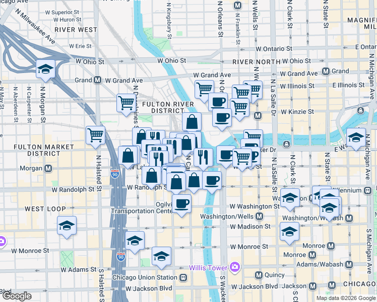 map of restaurants, bars, coffee shops, grocery stores, and more near 208 North Milwaukee Avenue in Chicago