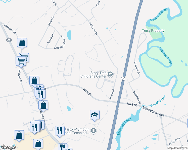 map of restaurants, bars, coffee shops, grocery stores, and more near 130 Indian Meadow Drive in Taunton