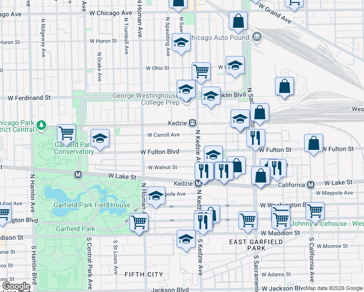 map of restaurants, bars, coffee shops, grocery stores, and more near 3249 West Fulton Boulevard in Chicago