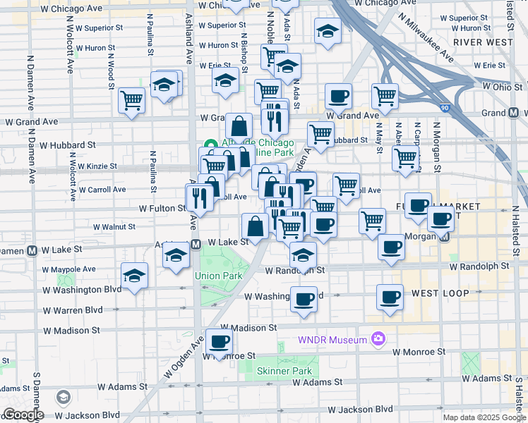 map of restaurants, bars, coffee shops, grocery stores, and more near 1410 West Carroll Avenue in Chicago