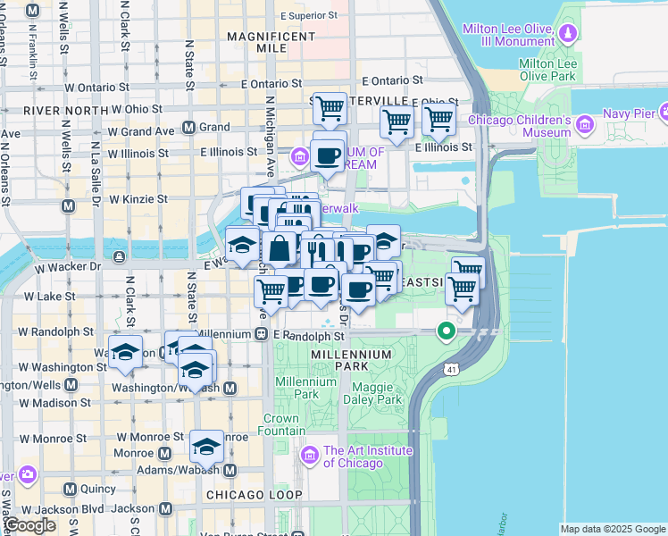 map of restaurants, bars, coffee shops, grocery stores, and more near 233 E. Riverwalk in Chicago