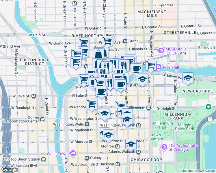 map of restaurants, bars, coffee shops, grocery stores, and more near 317 North Clark Street in Chicago