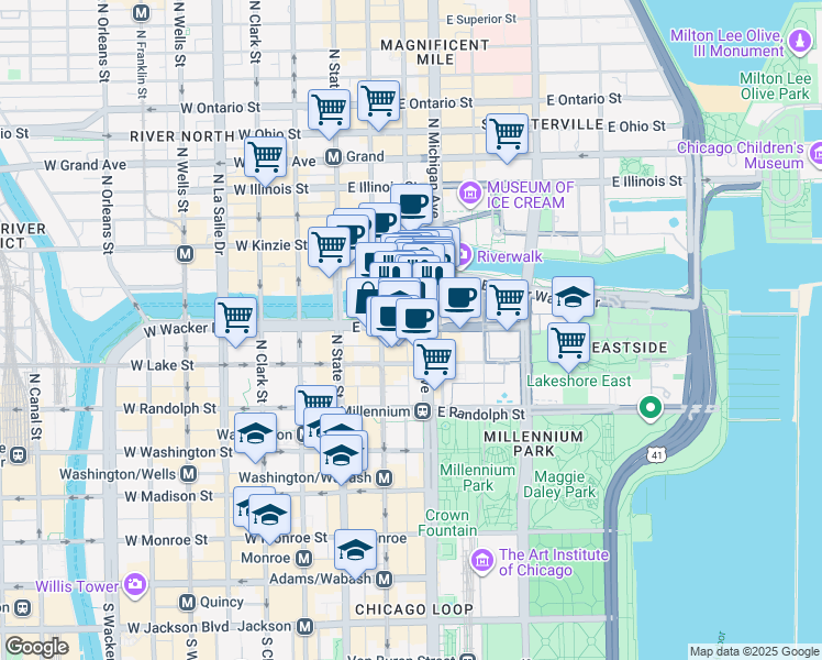 map of restaurants, bars, coffee shops, grocery stores, and more near Lower East South Water Street & Lower Wacker Place in Chicago