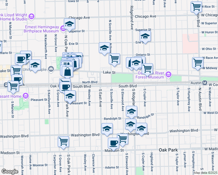 map of restaurants, bars, coffee shops, grocery stores, and more near 100-126 North East Avenue in Oak Park