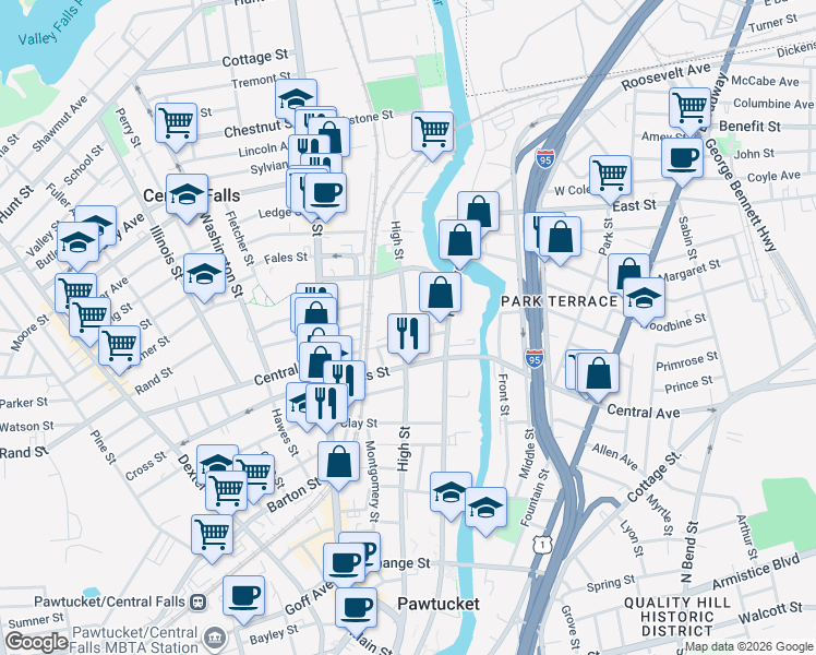 map of restaurants, bars, coffee shops, grocery stores, and more near 551 High Street in Central Falls