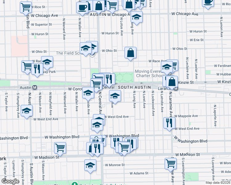 map of restaurants, bars, coffee shops, grocery stores, and more near 335 North Pine Avenue in Chicago