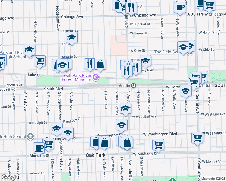map of restaurants, bars, coffee shops, grocery stores, and more near 49 West Lake Street in Oak Park