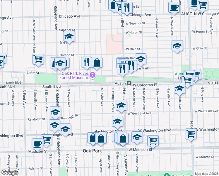 map of restaurants, bars, coffee shops, grocery stores, and more near 49 West Lake Street in Oak Park