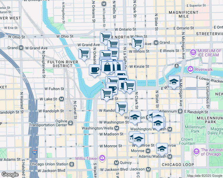 map of restaurants, bars, coffee shops, grocery stores, and more near 211 West Wacker Drive in Chicago