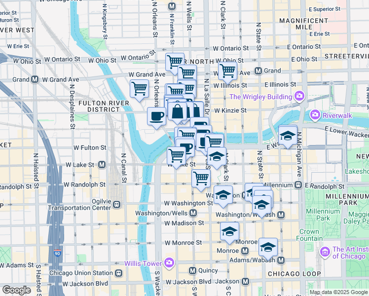 map of restaurants, bars, coffee shops, grocery stores, and more near 211 West Wacker Drive in Chicago