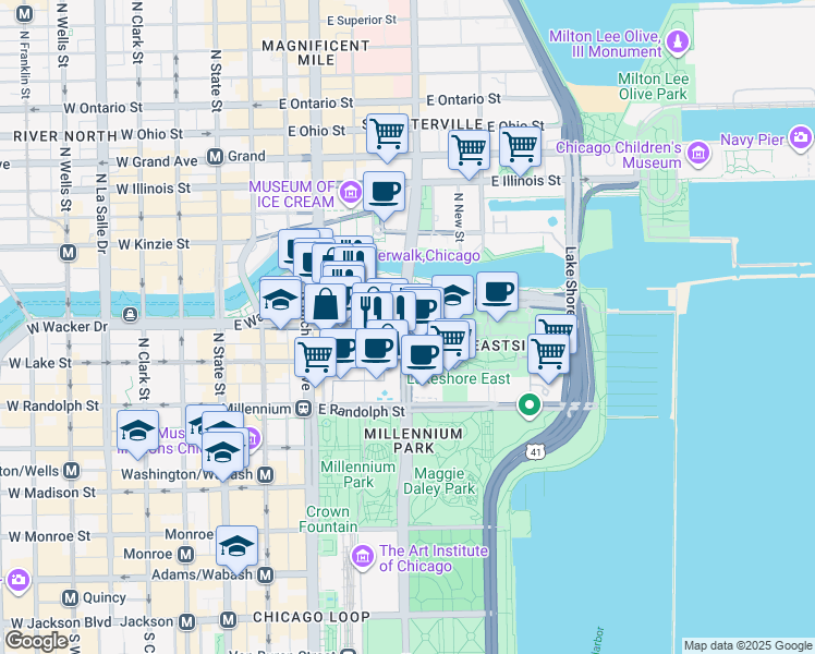 map of restaurants, bars, coffee shops, grocery stores, and more near N Columbus Dr & East South Water Street in Chicago