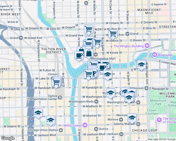 map of restaurants, bars, coffee shops, grocery stores, and more near 307 North Franklin Street in Chicago