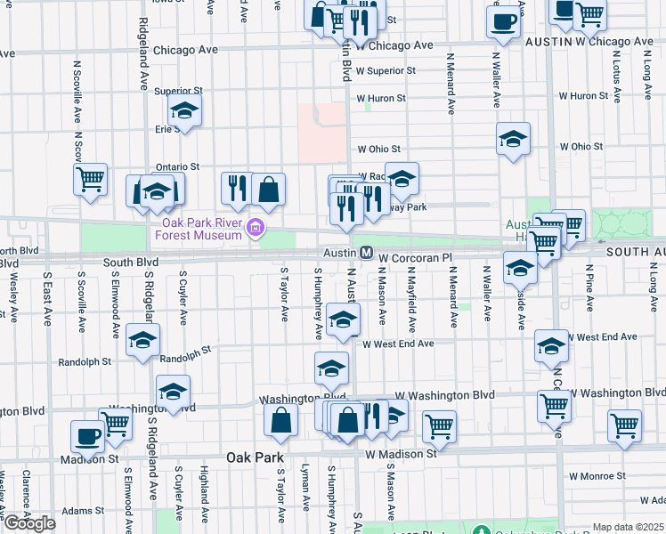 map of restaurants, bars, coffee shops, grocery stores, and more near 21 South Boulevard in Oak Park