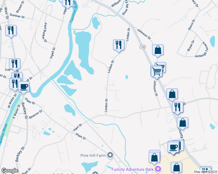 map of restaurants, bars, coffee shops, grocery stores, and more near 72 Linden Street in Taunton