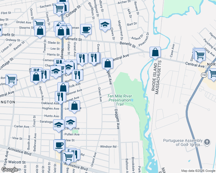 map of restaurants, bars, coffee shops, grocery stores, and more near 194 Hanover Avenue in Pawtucket