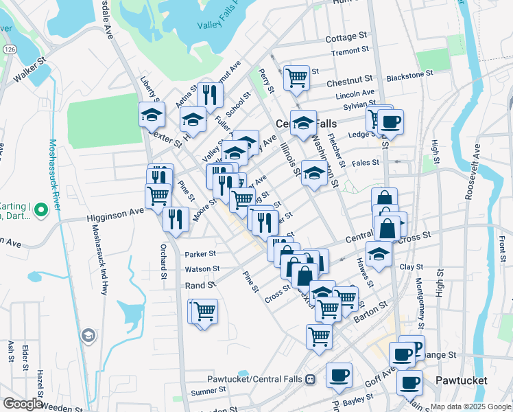map of restaurants, bars, coffee shops, grocery stores, and more near 96 Sumner Avenue in Central Falls