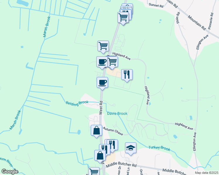 map of restaurants, bars, coffee shops, grocery stores, and more near 127-131 W Rd in Ellington