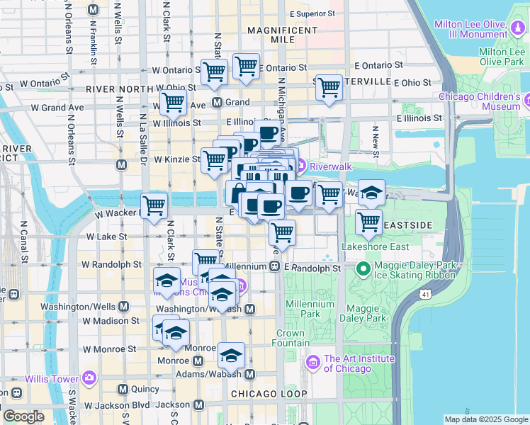 map of restaurants, bars, coffee shops, grocery stores, and more near 75 East Wacker Drive in Chicago