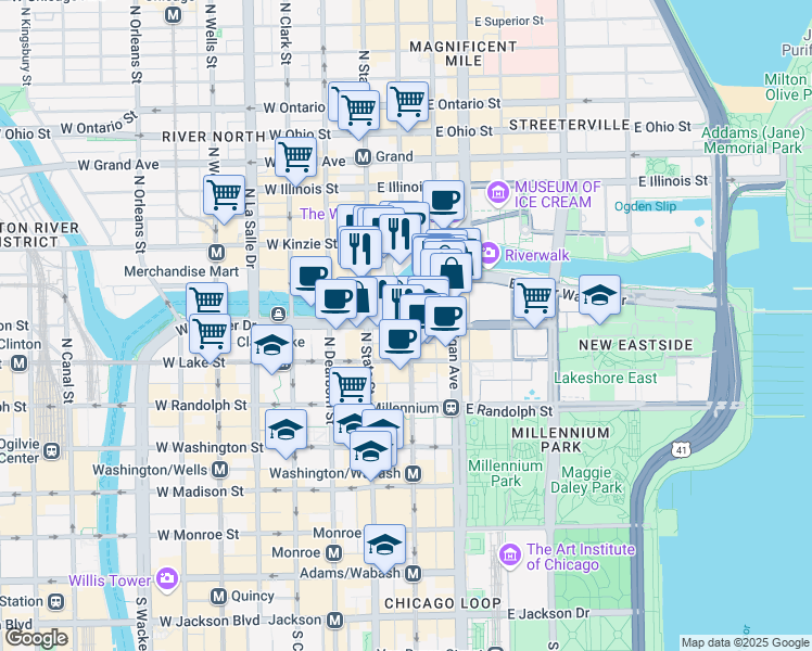 map of restaurants, bars, coffee shops, grocery stores, and more near 325 North Wabash Avenue in Chicago