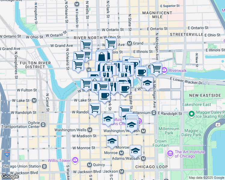 map of restaurants, bars, coffee shops, grocery stores, and more near 317 North Clark Street in Chicago