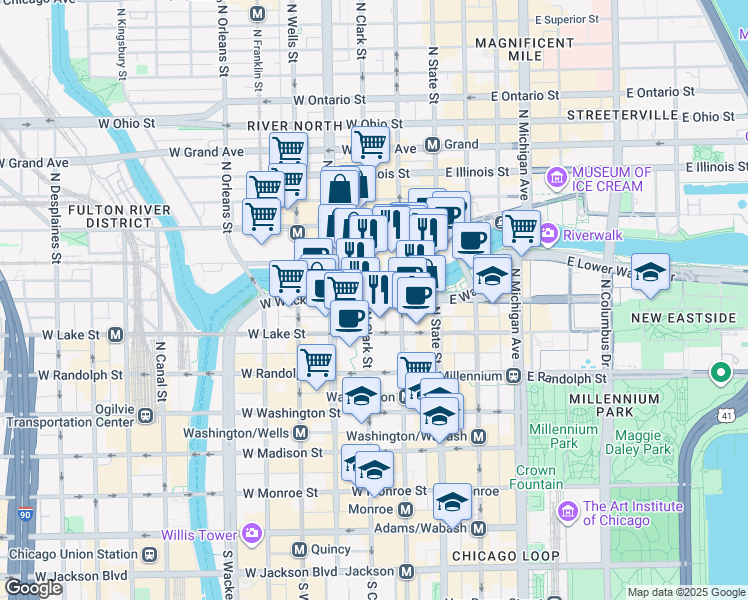 map of restaurants, bars, coffee shops, grocery stores, and more near 317 North Clark Street in Chicago
