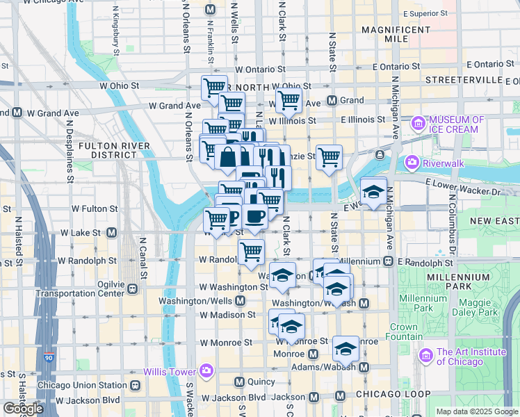 map of restaurants, bars, coffee shops, grocery stores, and more near 300 North La Salle Street in Chicago