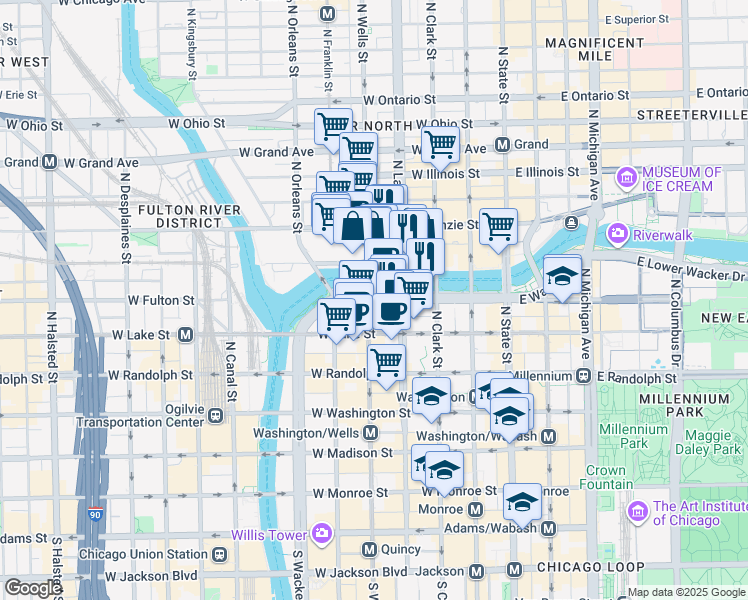 map of restaurants, bars, coffee shops, grocery stores, and more near 300 North La Salle Street in Chicago