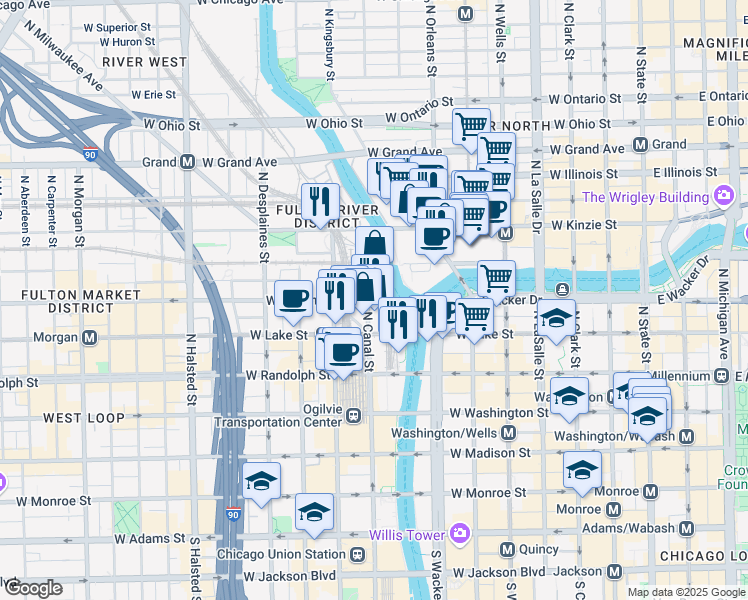 map of restaurants, bars, coffee shops, grocery stores, and more near 333 North Canal Street in Chicago