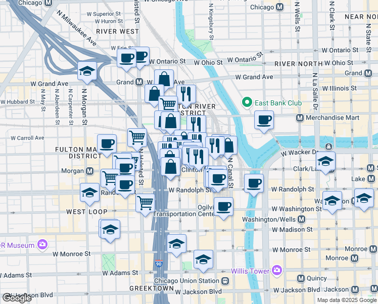 map of restaurants, bars, coffee shops, grocery stores, and more near 324 North Jefferson Street in Chicago