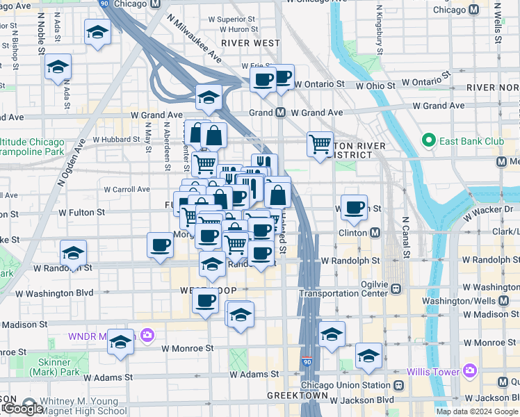 map of restaurants, bars, coffee shops, grocery stores, and more near 859 West Wayman Street in Chicago