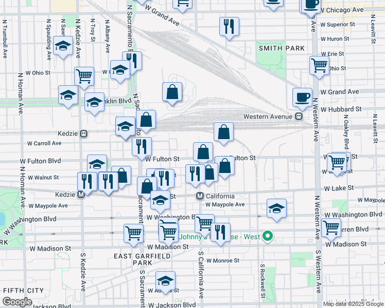 map of restaurants, bars, coffee shops, grocery stores, and more near 330 West Fulton Street in Chicago