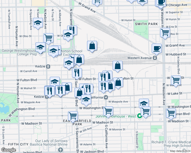 map of restaurants, bars, coffee shops, grocery stores, and more near 330 West Fulton Street in Chicago
