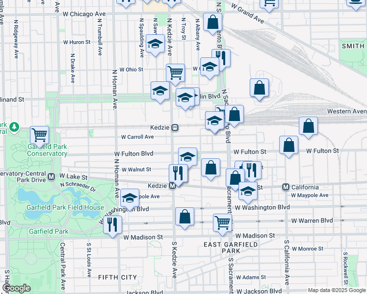 map of restaurants, bars, coffee shops, grocery stores, and more near 3122 West Carroll Avenue in Chicago