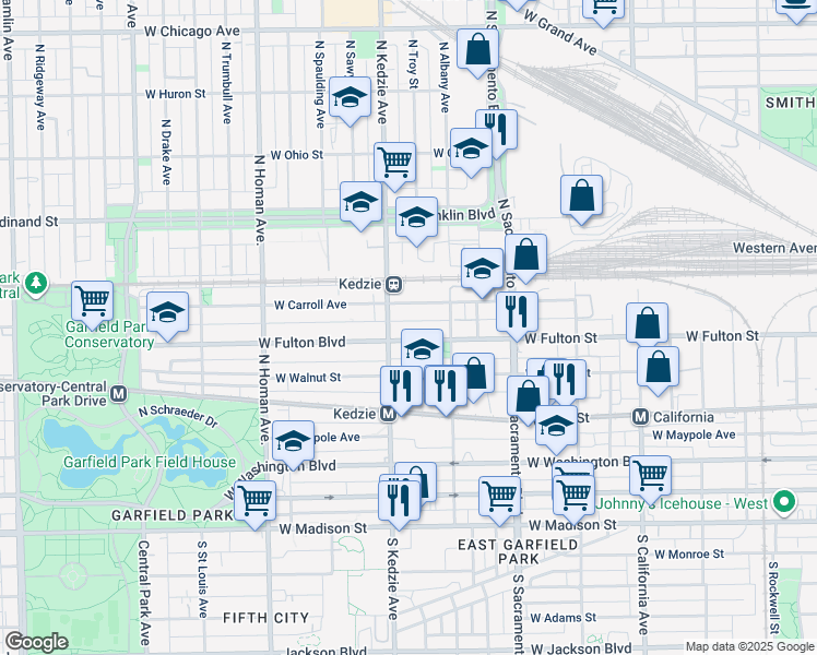 map of restaurants, bars, coffee shops, grocery stores, and more near 3122 West Carroll Avenue in Chicago