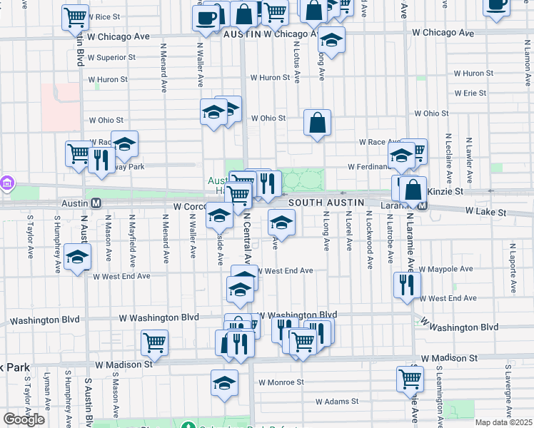 map of restaurants, bars, coffee shops, grocery stores, and more near 5500 West Corcoran Place in Chicago