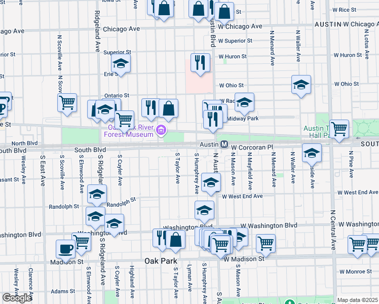 map of restaurants, bars, coffee shops, grocery stores, and more near 49 West Lake Street in Oak Park