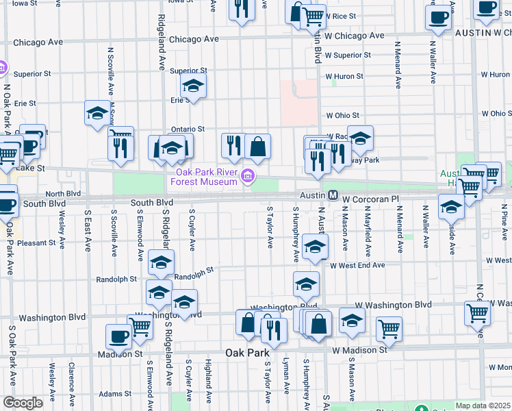 map of restaurants, bars, coffee shops, grocery stores, and more near 49 Lake Street in Oak Park