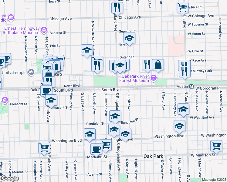map of restaurants, bars, coffee shops, grocery stores, and more near 301 Lake Street in Oak Park