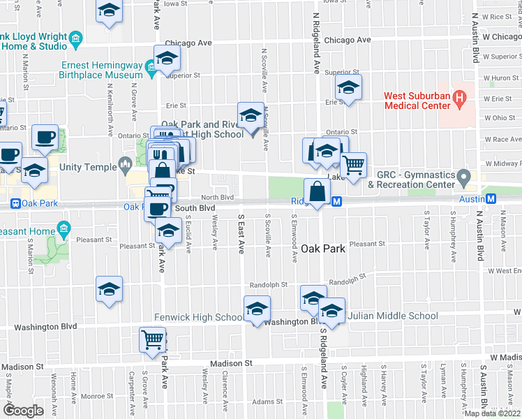 map of restaurants, bars, coffee shops, grocery stores, and more near 100-126 North East Avenue in Oak Park